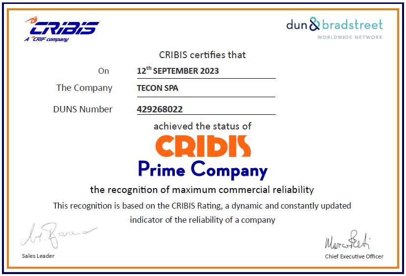 Tecon ottiene il Riconoscimento CRIBIS Prime Company